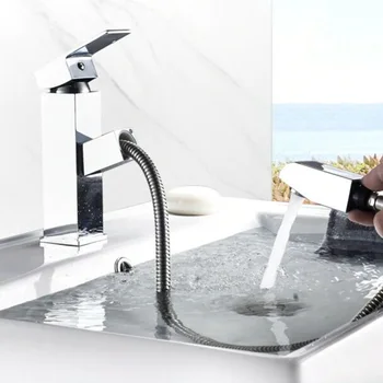 

Faucet + 2pcs 60cm Water Pipes Bathroom Copper Sink Faucet Cold Hot Mixer Tap Basin Pull-out Sprayer Single Durable Hardware