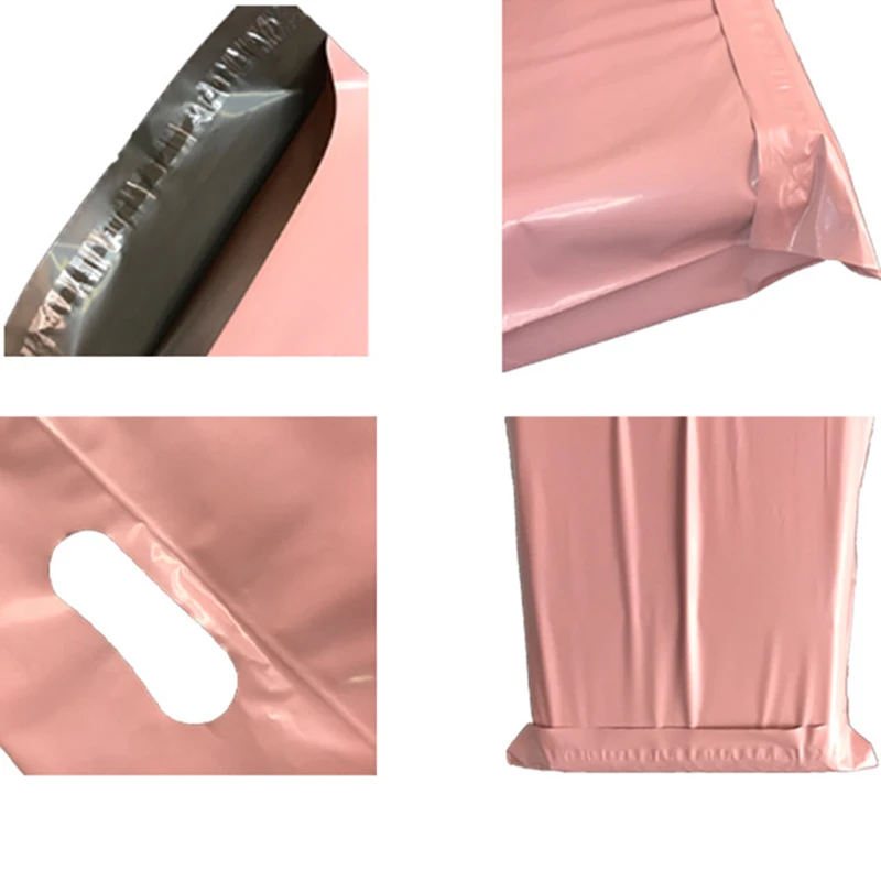 100Pcs 4 크기 택배 가방 핸들 핑크 플라스틱 봉투 우편 배송 가방 셀프 인감 토트 백 의류 포장 폴리 메일러
