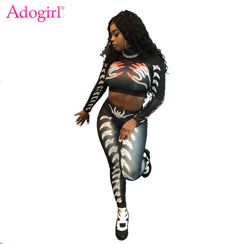 

Adogirl Halloween Skeleton Print Sexy Two Piece Set Turtleneck Long Sleeve Crop Top Pencil Pants Women Tracksuit Club Outfits