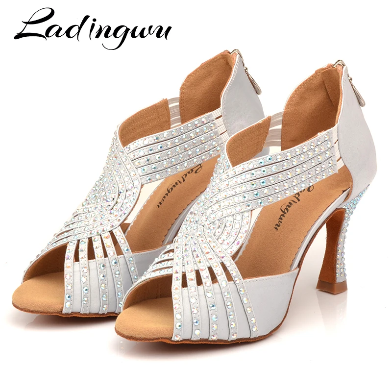 Ladingwu/Новинка; обувь для латиноамериканских танцев; женская обувь для сальсы; Цвет серебристый, серый; атласная обувь для танцев со стразами; женская обувь для бальных танцев