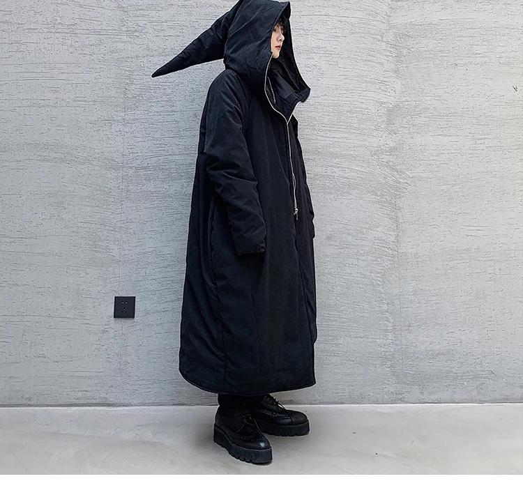 Мужское японское хлопковое Стеганое пальто с капюшоном, верхняя одежда для мужчин, ассиметричный подол, темно-черный, на Хэллоуин, волшебник, толстая длинная парка, куртка