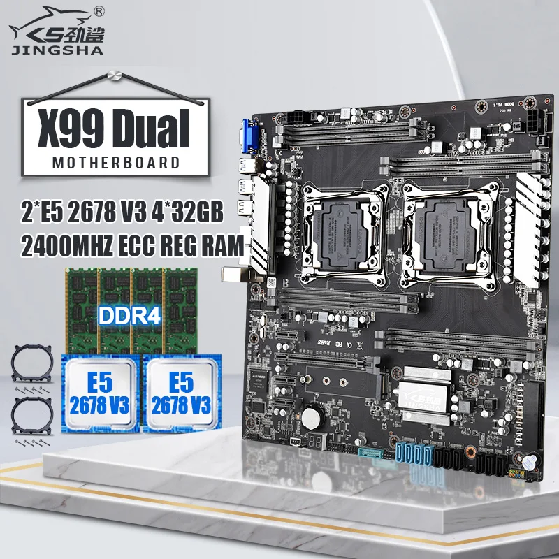Jingsha X99 dual CPU motherboard set with 2*E5 2678V3 and 4*32GB=128GB ...
