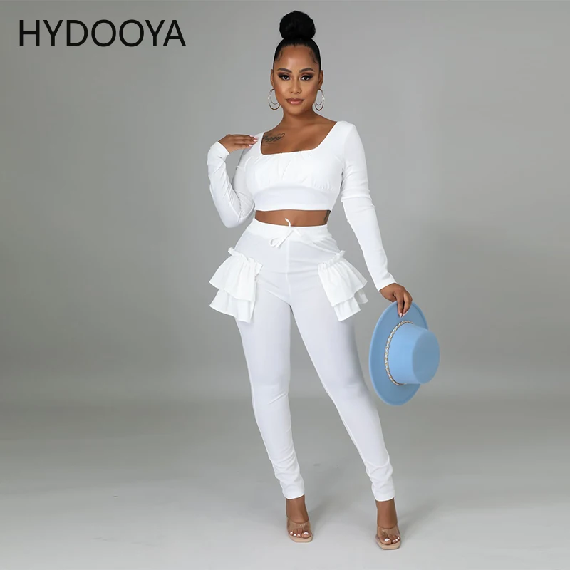 2021 Women's Solid Color Long Sleeve Square Neck Crop Top +Fashion Fungus Edge Bandage Pants Suit Casual Nightclub Two-Piece Set gypsum board woodworking planer tool flat square plane drywall edge chamfer hand saw box hand plasterboard carpenter tool