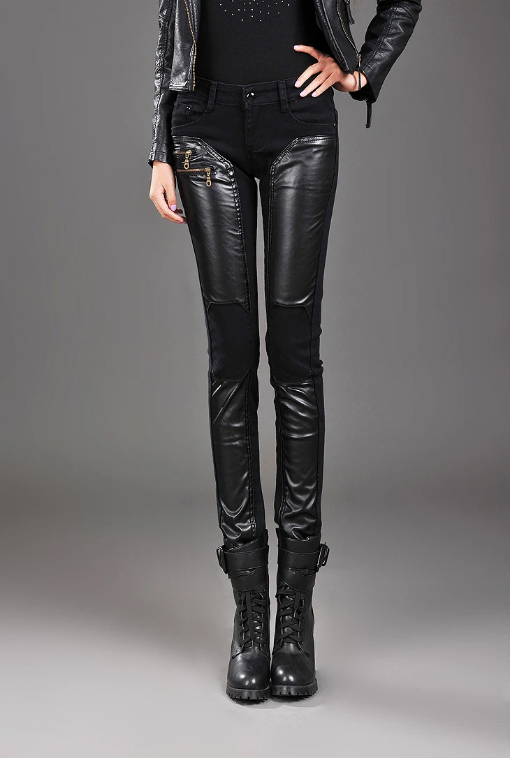 Aimsnug осень-зима ПУ сшивание карман на молнии уличная женские ноги-манекен карандаш брюки новые женские джинсы облегающие джинсовые брюки - Цвет: Black