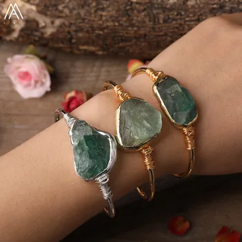 

Gold Silvery Copper Wire Wrapped Natural Green Fluorite Stone Irregular Beads Open Cuff Bangle Bracelet For Women Boho Jewelry