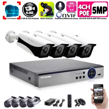 

H.265+ 4CH 5MP POE Security Camera System Kit Sound Audio 5MP POE IP Camera Outdoor Waterproof CCTV Video Surveillance NVR Set