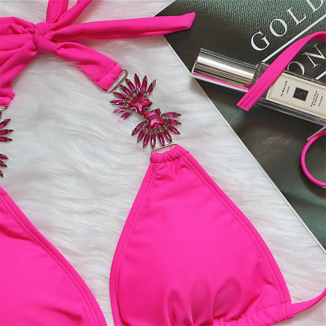 Sexy Shiny Jewel Halter Bikini Female Swimsuit Women Swimwear Two-piece Bikini set Luxury Diamond Bather Bathing Suit Swim V2451