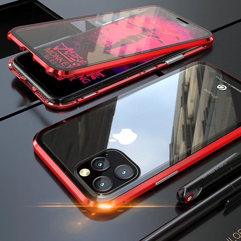 Magnetic Case Full Protect For iphone 11Pro Max Luxury Armor Shockproof Metal Frame Clear Tempered Glass Cover For iphone11 Pro - Цвет: red