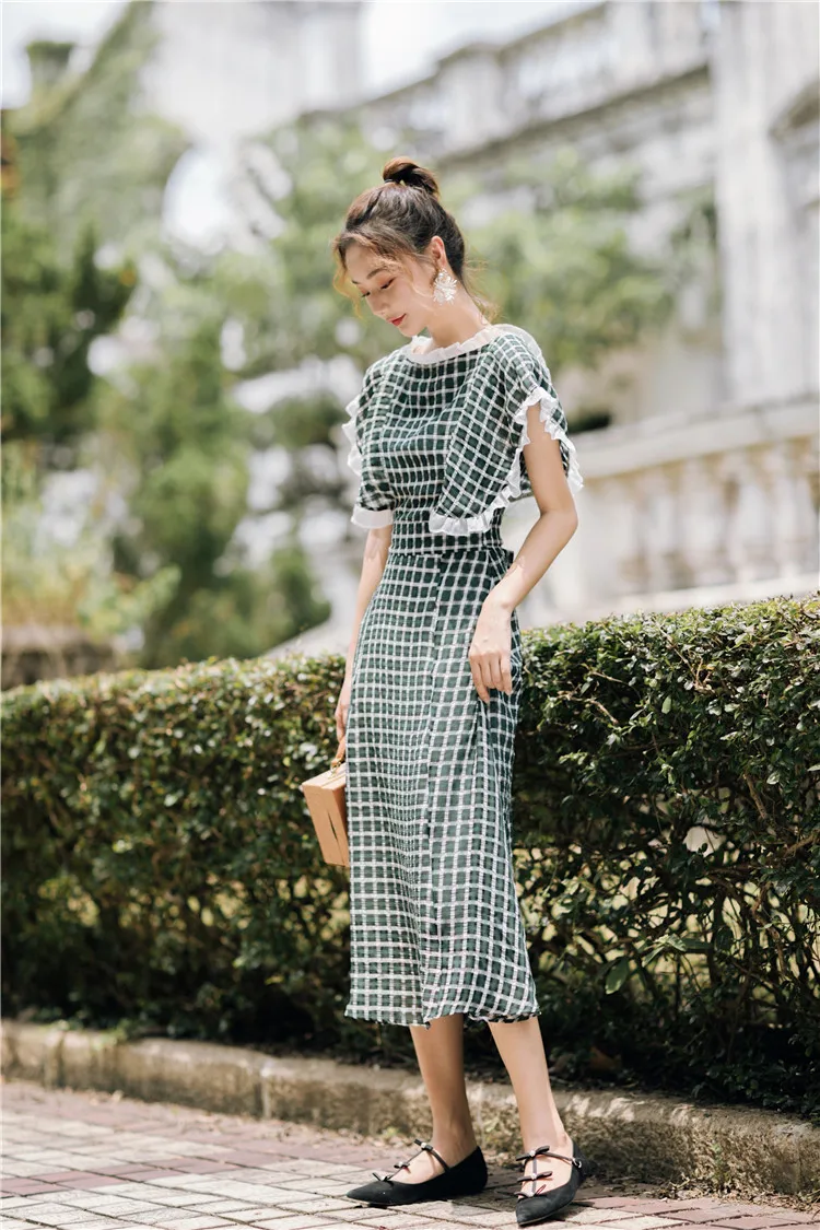 SWEETXUE/Стильное повседневное Летнее нарядное платье новинка, с высокой талией, рукав «летучая мышь», с оборками, в клетку, с бантом, на шнуровке, Длинное Элегантное платье для женщин
