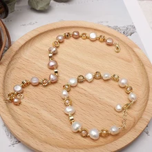 Барокко жемчужный браслет Золотые круглые интервальные бусины неправильный размер шар розовый белый большой жемчуг ручной работы цепь повседневные аксессуары