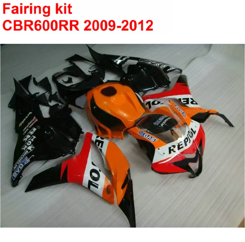 Ико качество обтекатель комплект для HONDA CBR600RR 2009 2010 2011 2012 CBR 600 RR, черные, оранжевые, Обтекатели Repsol 09, 10, 11, 12, XF10