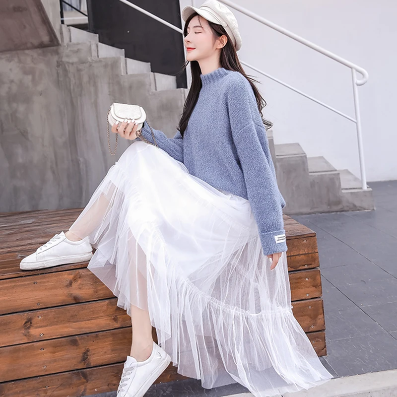 Женская однотонная шифоновая юбка трапециевидной формы в винтажном стиле с высокой талией, плиссированные юбки до середины икры, повседневная Корейская женская юбка в стиле ампир