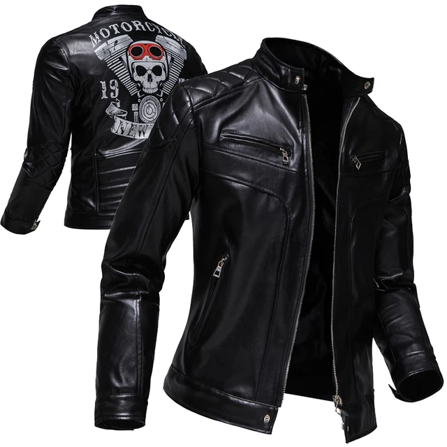 New Trend Men's  Skull Print Leather Coats Casual Motorcycle  Punk Style Leather Jacket EU Size S-2XL 1