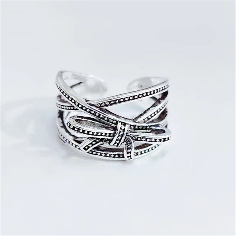 Party Vintage Black Punk Luxury Designer Adjustable Women's Ring Bow Knot Geometry Thai Multi-layered Finger Weave |