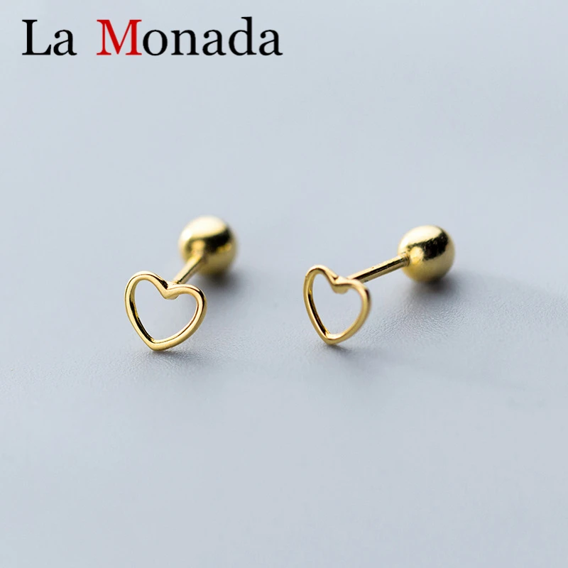 Небольшой полое сердце 925 пробы серебряные гвоздики, серьги со шпилькой, для женщин, девушек, детей мини-ювелирные изделия в стиле минимализма