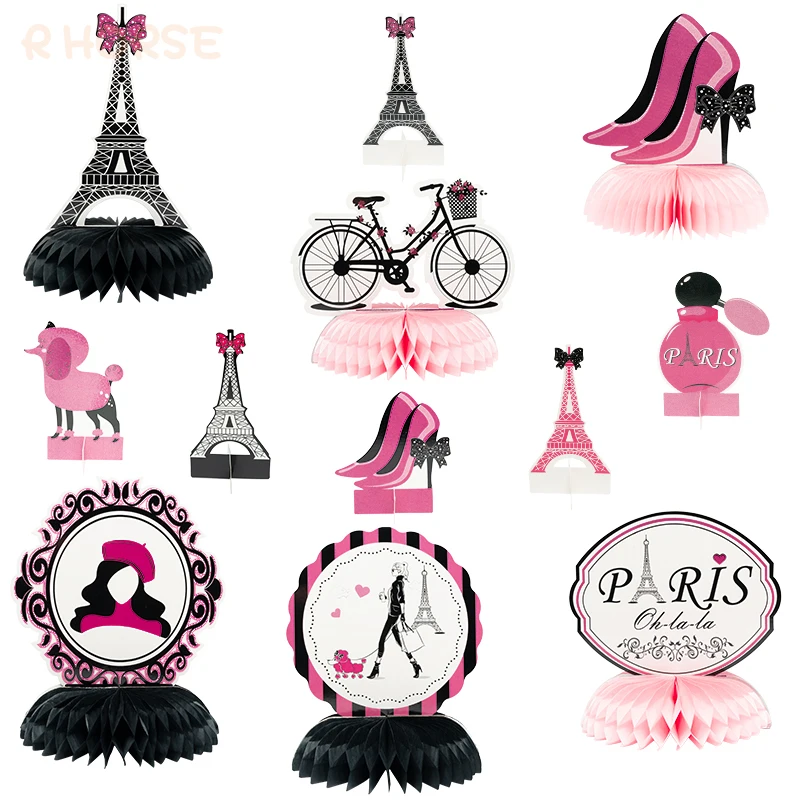 12Pcs Paris Honeycomb Balls Party Favor Supplies Tabletop Decor for Birthday Topper Bicycle Pink Romantic Elements Centerpieces