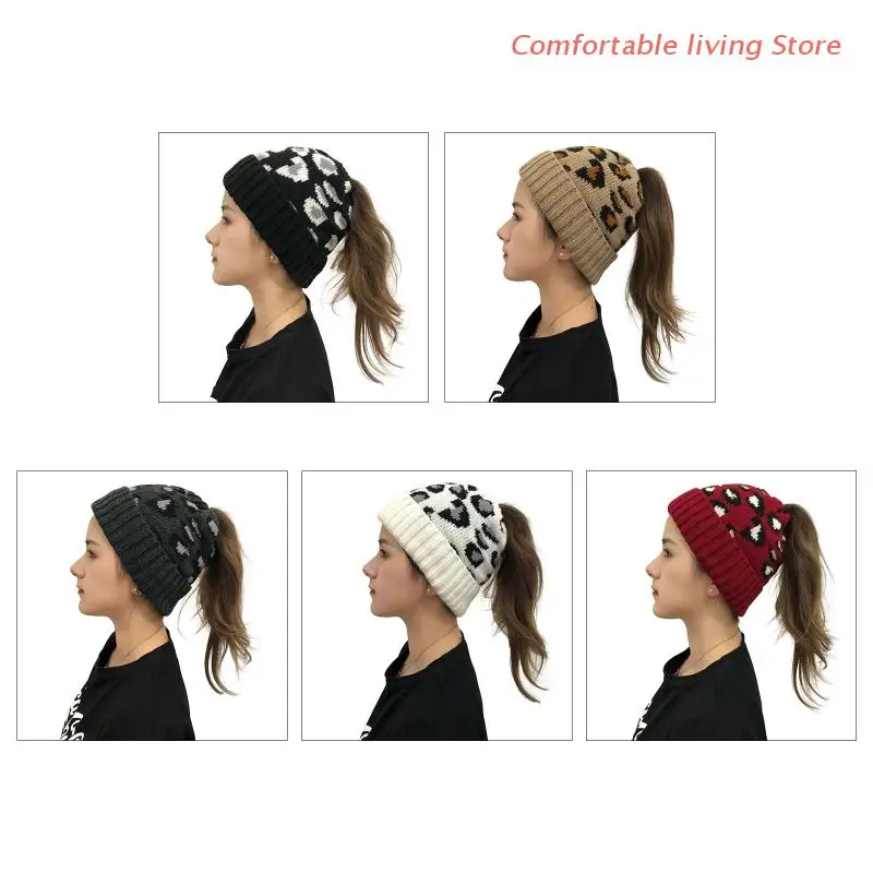 

Women Winter Warm Knit Beanie Hat with Ponytail Hole Messy Bun Leopard Skull Cap