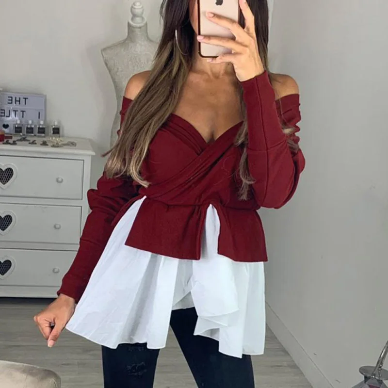 02 Wine Red Elsvios Повседневная Женская Лоскутная рубашка с оборками, блузка, элегантный свитшот с v-образным вырезом, пуловер, осень, летучая мышь, длинный рукав, Blusas, топы, XL - Цвет: 02 Wine Red