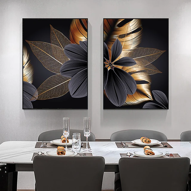 Nordic black gold plant leaf canvas poster printing modern living room decoration abstract wall art painting home decoration 3