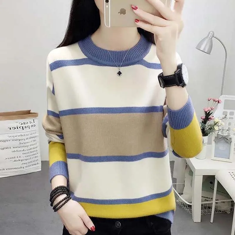 

Women Sweaters Casual Fall 2020 Winter Thicken Stripe Long Sleeve Sweater Loose Korean Top Plus Size Yellow Pink Blue Clothes