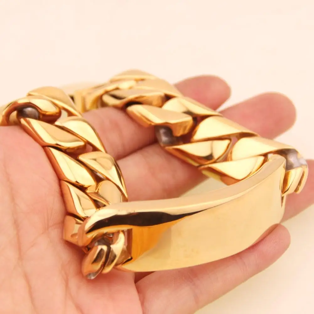 

17mm Huge Heavy Stainless Steel Gold Tone Jewelry ID Bracelet Miami Cuban Curb Chain Men's Boys Wristband Bangle Hombres Pulsera