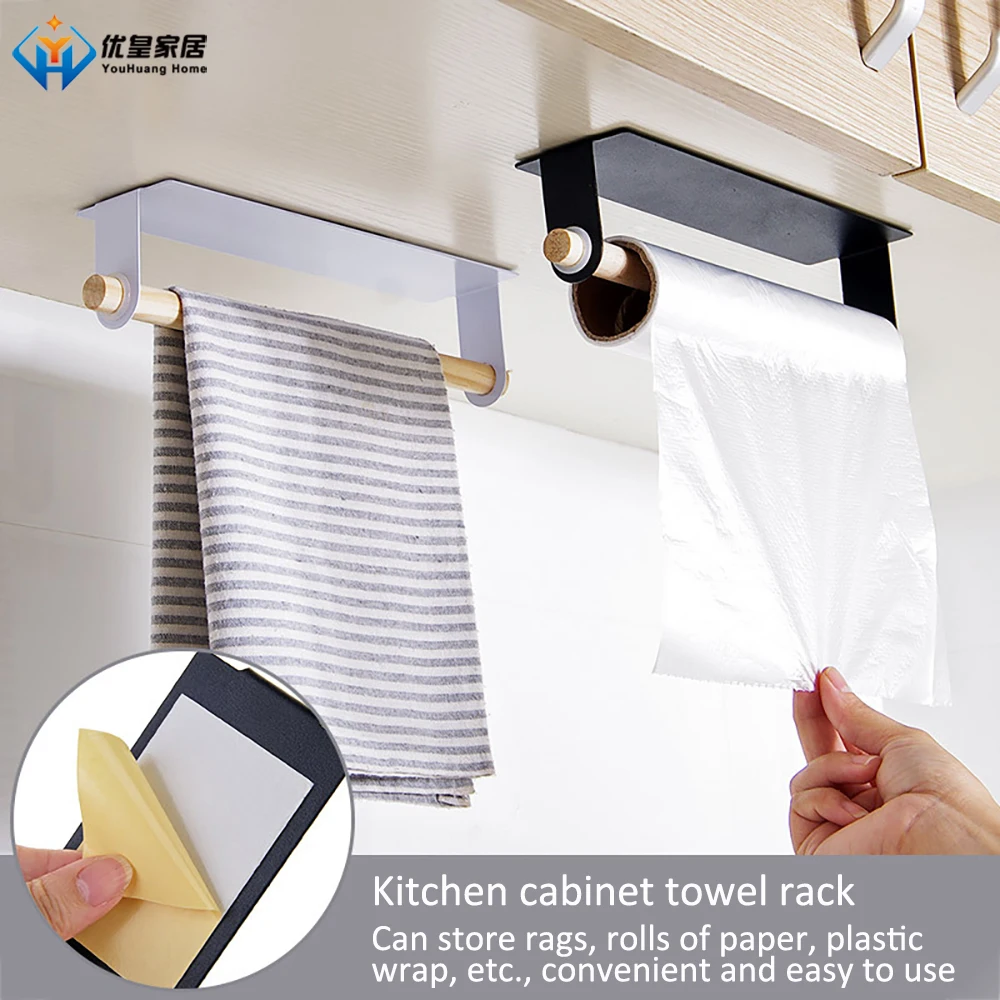 

Adhesive Wall-Mounted Towel Rack Kitchen Accessories Wrought Iron Towel Storage Roll paper Wipes Cling Film Rack Bathroom