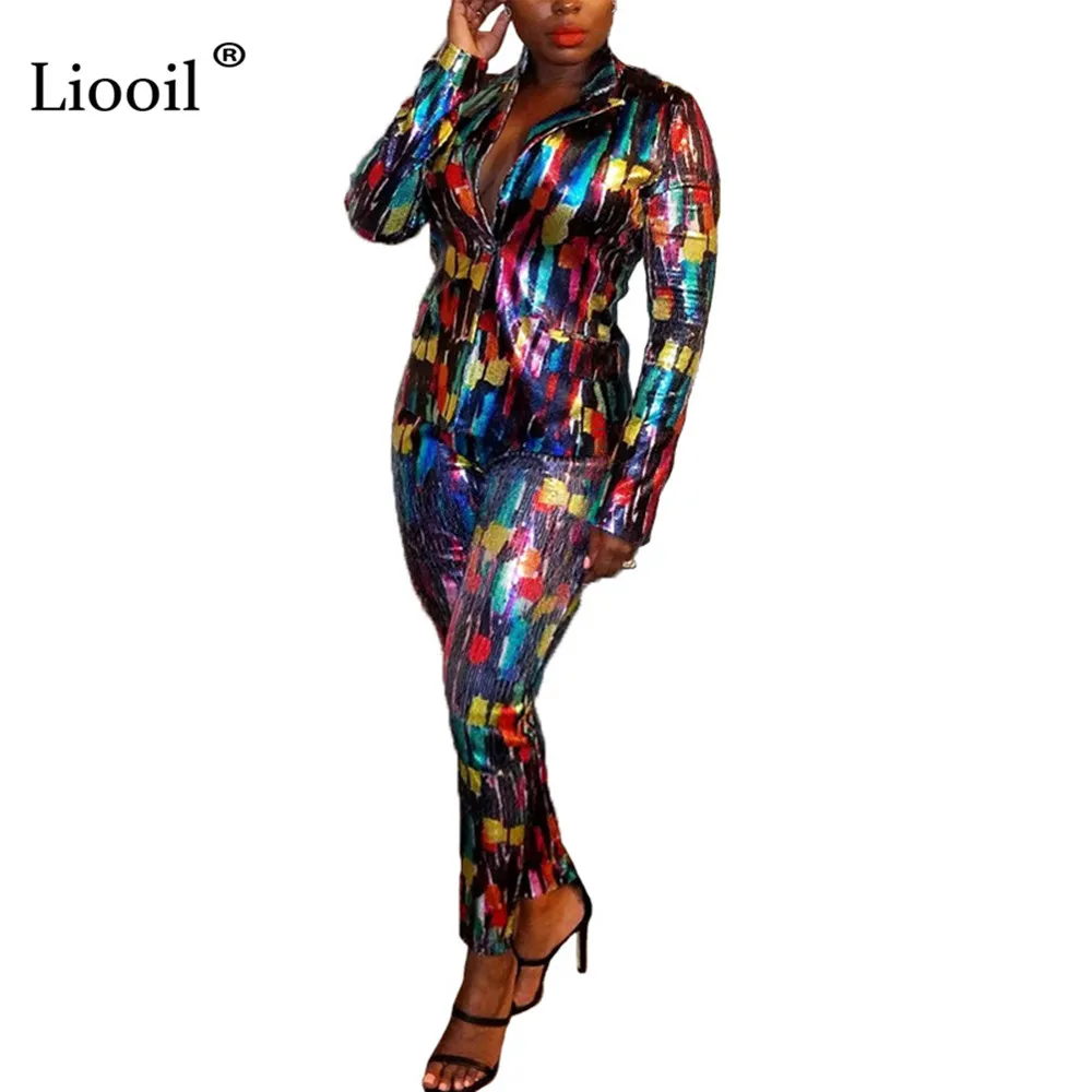 Многоцветный Liooil, комплект из двух предметов для ночного клуба с разноцветными блестками, пальто и штаны,, длинные рукава, v-образный вырез, сексуальные вечерние наряды для женщин, комплекты костюмов - Цвет: Многоцветный