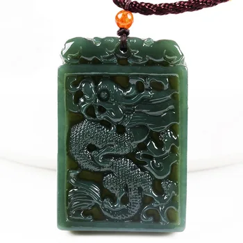 

NATURAL DARK GREEN NEPHRITE JADE PENDANT CARVED CHINESE DRAGON LUCKY AMULET PENDANTS NECKLACE FOR MEN'S JEWELRY+ROPE