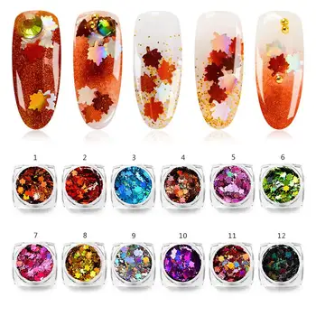 

12 Boxes Maple Leaves Nail Art Sequins Holographic Glitter Flakes Paillette Chameleon Stickers For Nails Autumn Design Decor