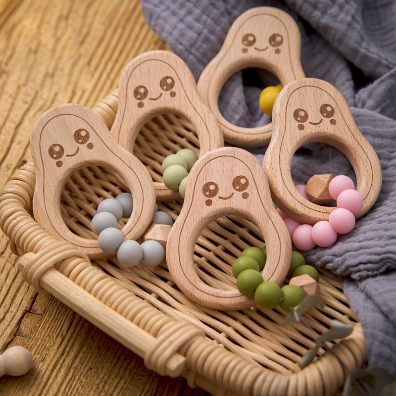 

1pc Baby Teether Wood New Beads Avocado Nursing Bracelet Silicone Crib Accessories Teething Beads Soother Chain Baby Rattles Toy