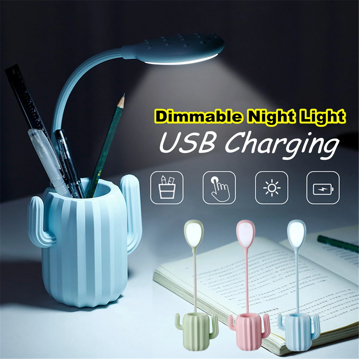  Multiuse Cactus LED Folding Desk Lamp 1200mA USB Charging Touch Switch Table Light Student Night Li - 33035332155
