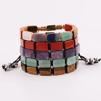 New Arrival Natural Stone Square 7 Chakra Energy Stone Crystal Beads Braided Custom Macrame Bracelet Jewelry Men Women