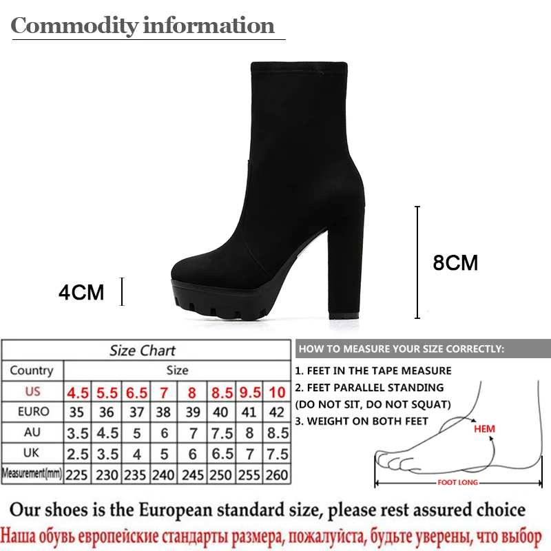 Gdgydh/Новые черные замшевые ботинки обувь на платформе с блочным каблуком однотонные ботильоны для женщин на резиновой подошве с молнией сзади; большие размеры 42