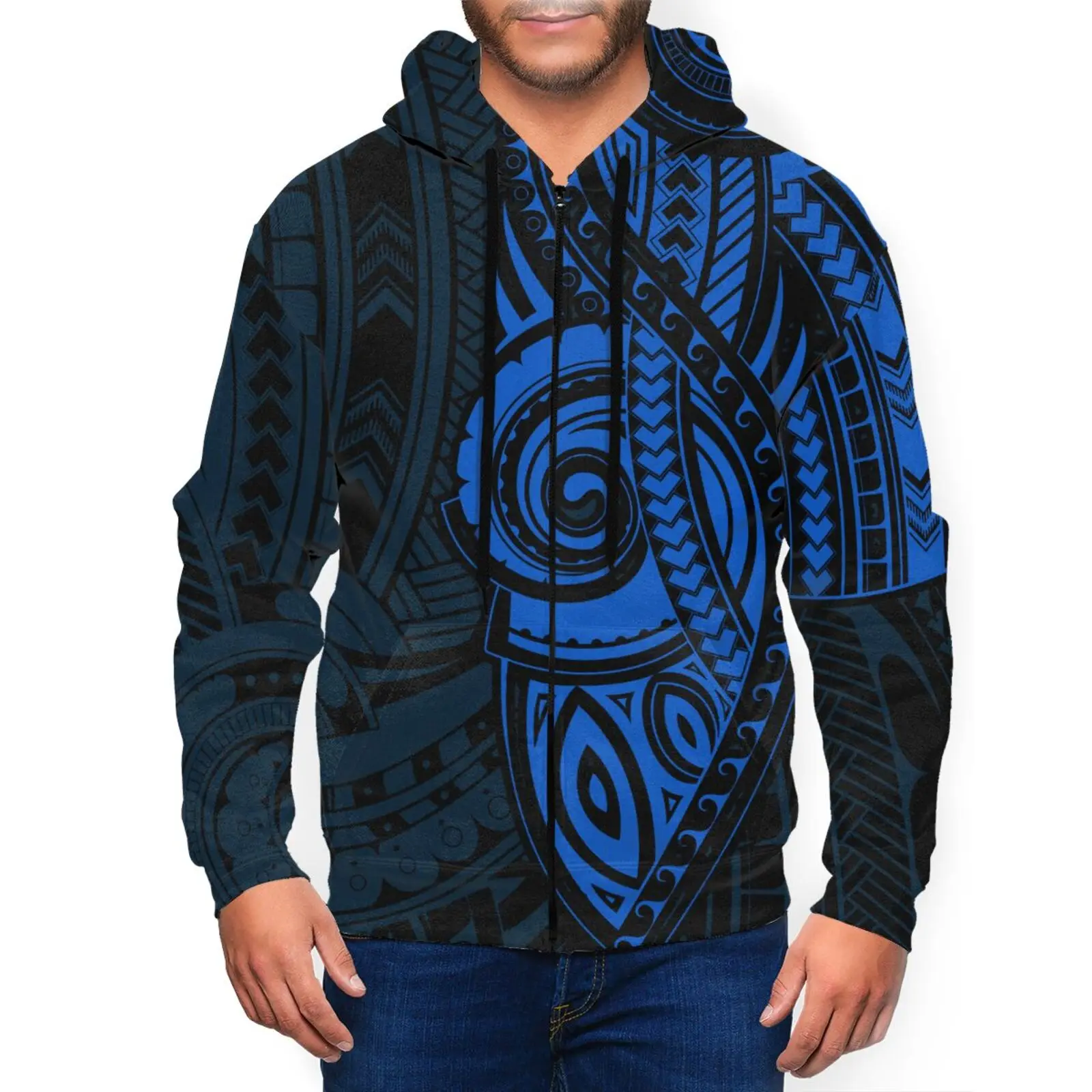 GLUDEAR Men's Polynesian Tribal Print Zip Hoodie - Long Sleeve Full Zip Sweatshirt With Pockets, Red Floral Design