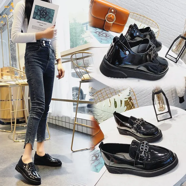 

Patent Leather Small Leather Shoes Women's England College Style Semi-high Heeled round-Toe Autumn And Winter Flat Casual Flat H