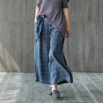 

Bow Drawstring Jeans Woman Swing Denim Pants Tencel Plaid Wide Leg Pants Summer Retro Loose Plus Size Mom Bell Bottom Jeans
