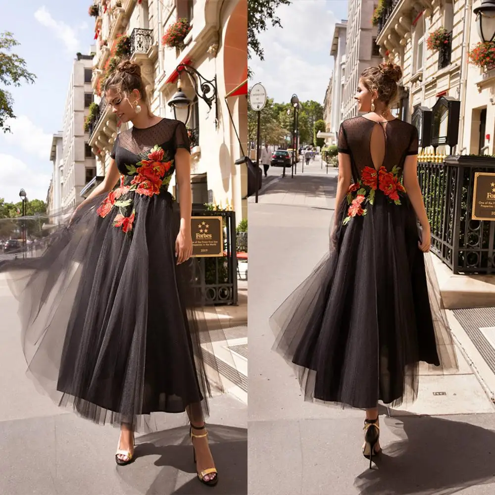 

Black Cocktail Dresses Jewel Neck Tulle Embroidery Ankle Length Cheap Prom Dress Custom Made Homecoming Gowns