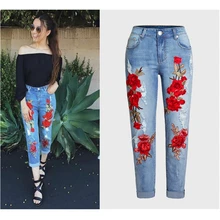 Тянущиеся женские джинсы с 3D рваной вышивкой, эластичные джинсы с розами, новинка, весна-осень, большие размеры, офисные женские джинсы K308