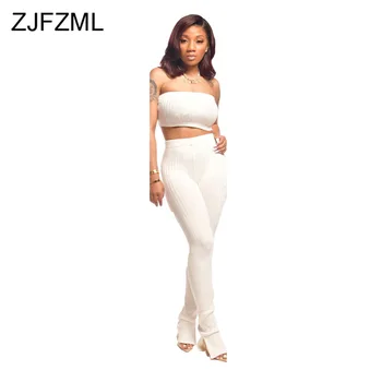 

Solid Sexy 2 Piece Set Summer Outfits for Women Sleeveless Backless Crop Top + Empire Side Slit Flare Pants Causal Tracksuit