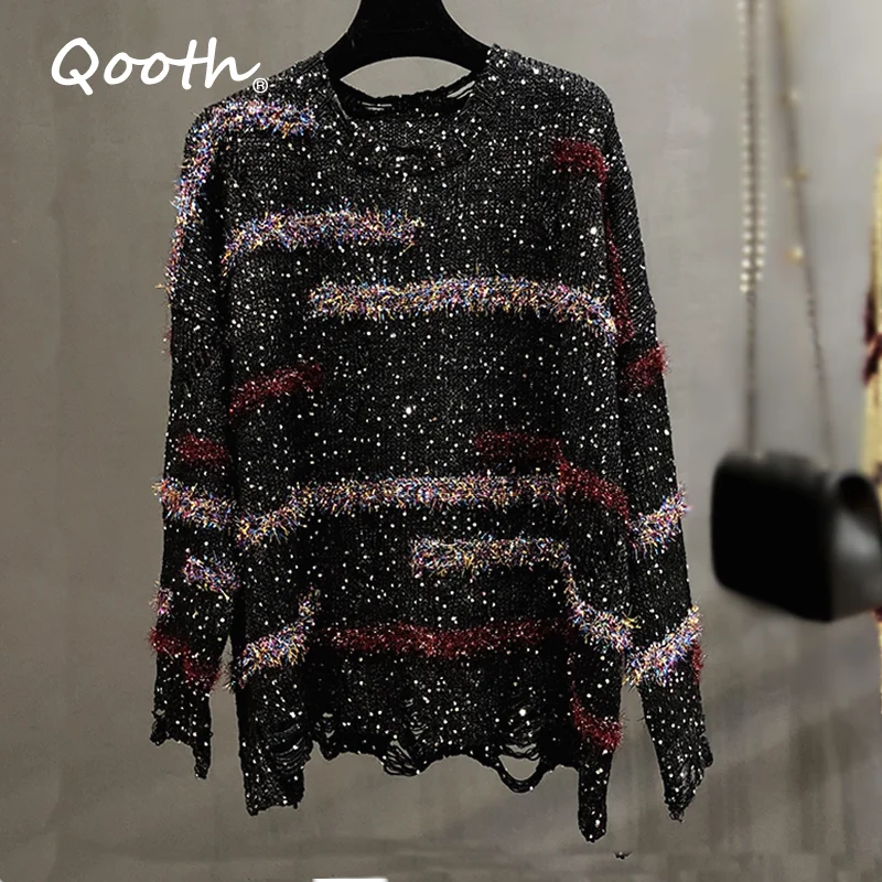 Qooth New Lurex Bling Sweaters Women Autumn O-neck Shiny Jumpers Hollow Out Sequin Sweater Knit Pullover Pull Mujer Femme qh2180 | Женская