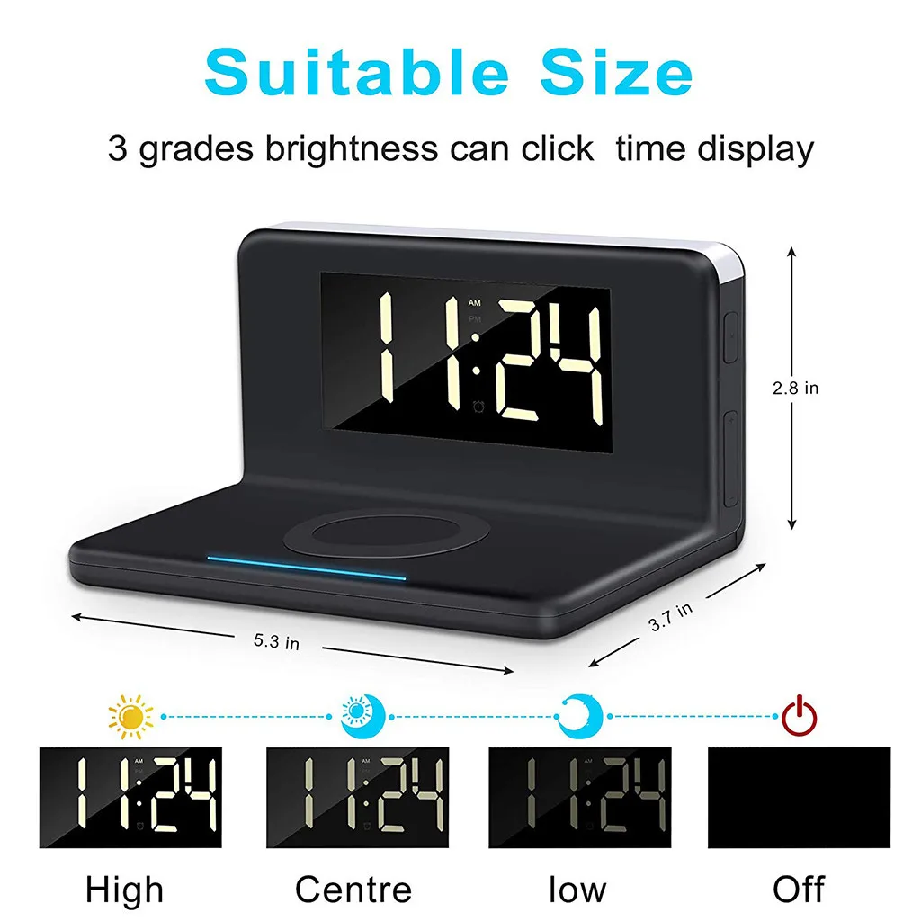 

Wireless Charger Alarm Clock Bedroom Warm Light Night Desk LED Digital USB Qi Wireless Charger USB Phone fast Charger Pad
