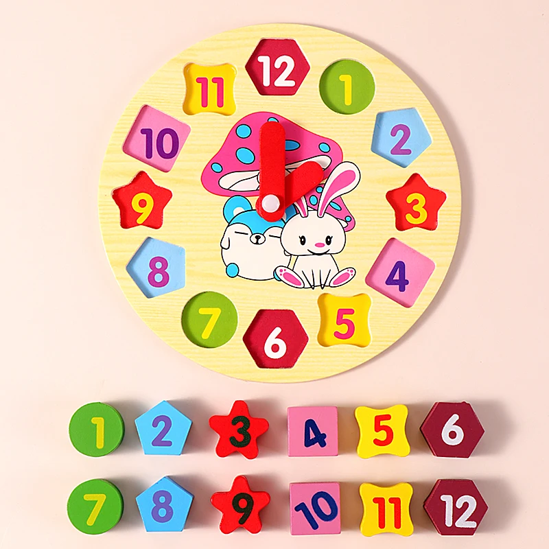 Baby Cartoon Rabbit Digital Clock Blocks Jigsaw Geometric Shape Matching 3d Puzzles Montessori Children's Educational Wooden Toy baby activity cube shape toys match sorter box color number clock math kit educational interactive toys for kids gift