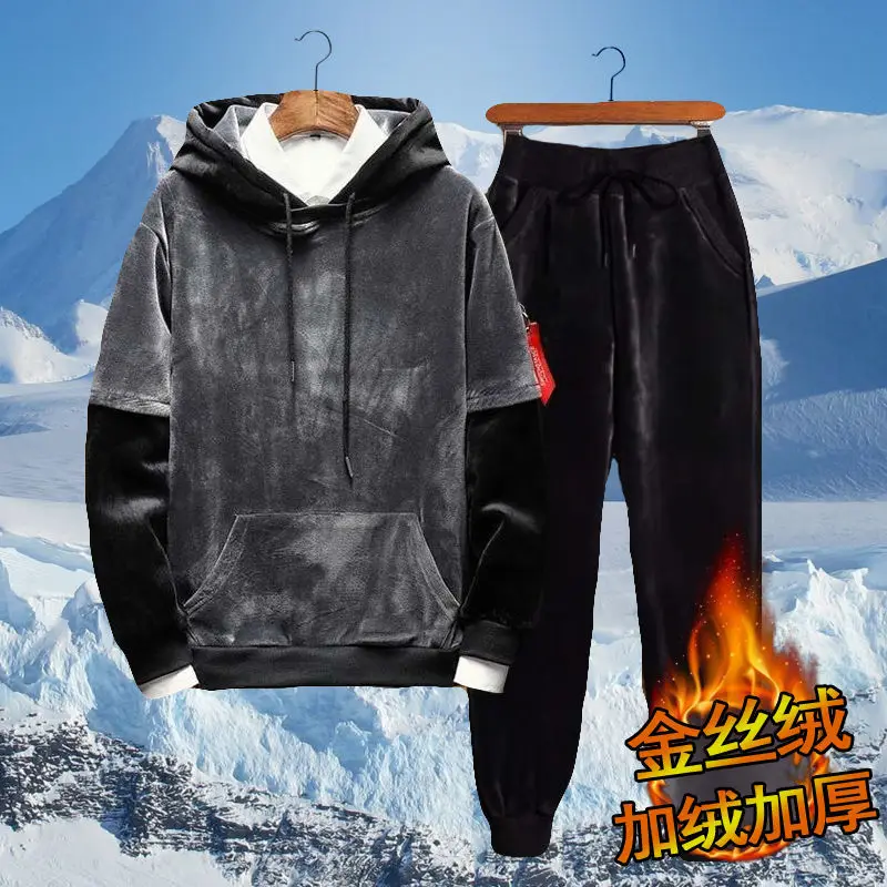 2020 winter Plus Size Men Casual Warm Tracksuit Fleece Zipper Hooded Coat Drawstring Pants 2 Piece Sets Mens Clothing 2