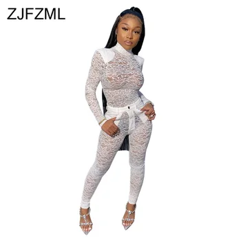 

Transparent Lace Sexy 2 Piece Set Sweatsuits for Women High Neck Long Sleeve Tshirt + Pockets Bodycon Trousers Matching Sets