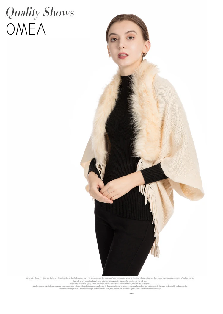 OMEA Fur Collar Poncho Women Winter Knitted Pullover Poncho with Tassel Women Shawl Solid Color Female Ponchos and Capes Ladies