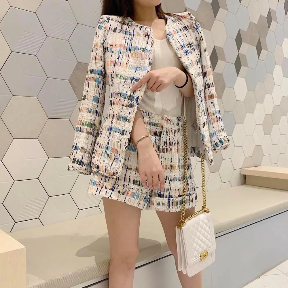 

2019 luxury sets women tweed jacket coat + shorts pants female high quality shorts pants suits rmsx 9.13