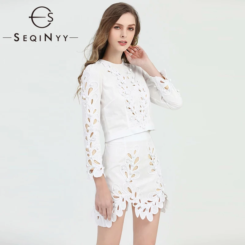 

SEQINYY White Set 2020 Summer Spring New Fashion Design Women Flowers Hollow out Top + Sheath Mini Skirt Suit