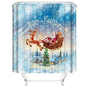

Illustration of Santa Claus and Elk Elemental Bathroom Curtain Belt Linked with Polyester Curtain in Winter Snow Season