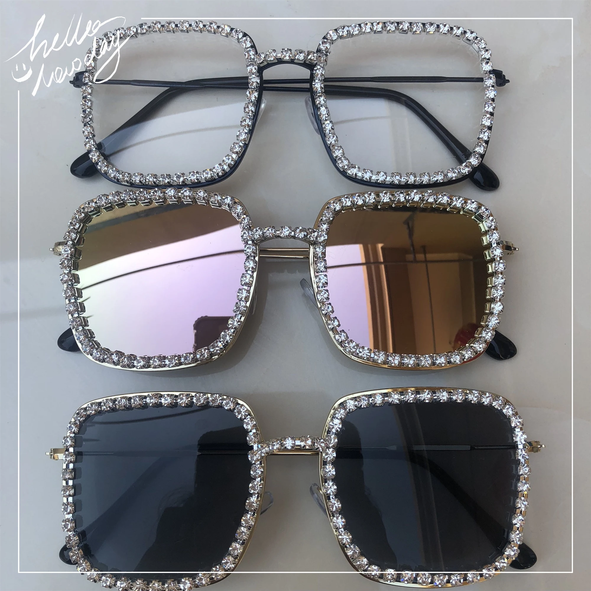 Женские солнцезащитные очки, модные квадратные очки со стразами, большая оправа, зеркальные очки, анти-relactive, прозрачные линзы или черные очки uv400