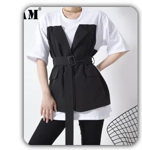 [EAM] High Elastic Waist Black Pocket Split Long Wide Leg Trousers New Loose Fit Pants Women Fashion Spring Autumn 2020 1X812